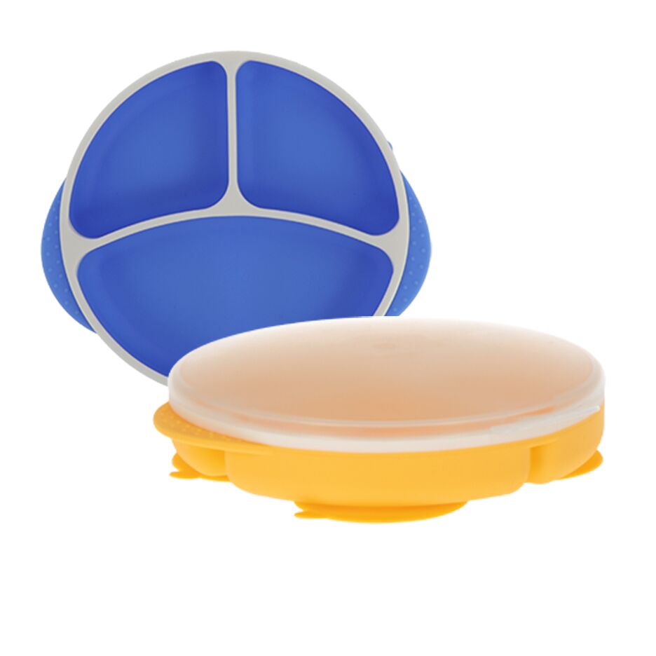 Round Silicone Suction Plate & Lid (2 Pack) | Blue / Yellow (O8DN)